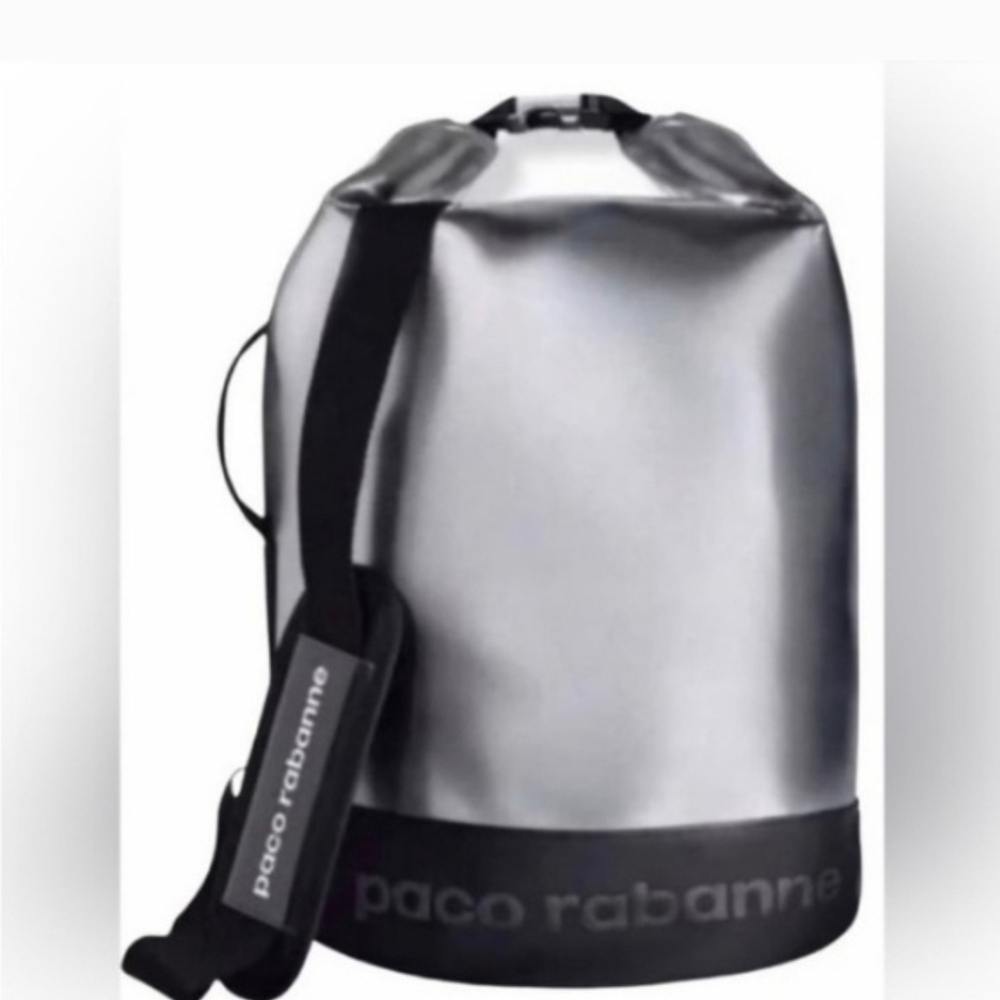 Paco Rabanne Silver and Black Roll-Top Duffel Bag